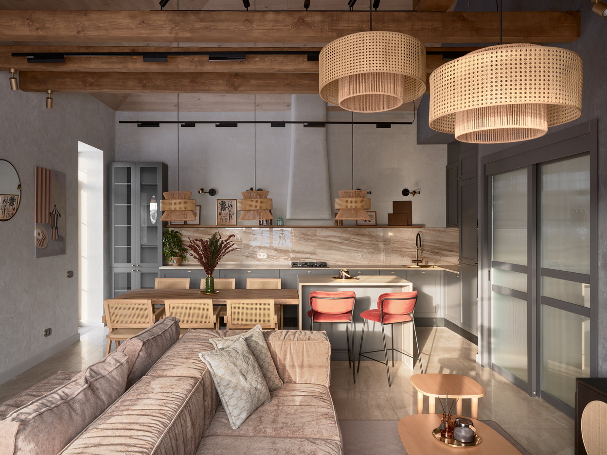 Воздушная кухня-гостиная с двумя островами: ТВ-проект с Бернини